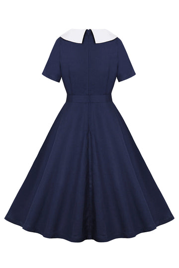 Navy Rund Hals A Line Vintage 1950-talls Kjole